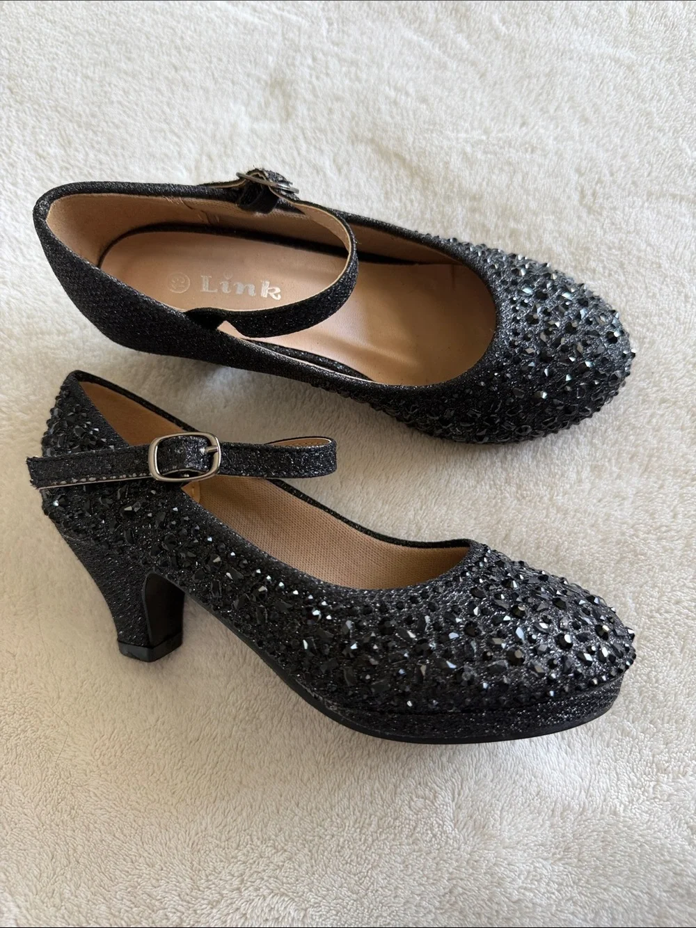 GIRLS LINK RHINESTONE HEEL DRESS SHOES BLACK SIZE 13